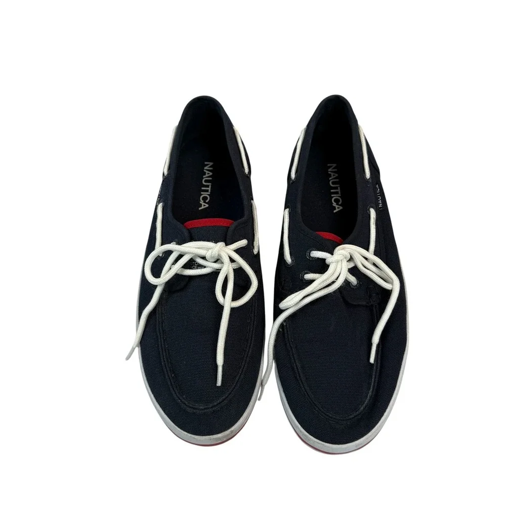 Nautica Spinnaker Boat Shoes 9.5 Navy Blue Canvas Lace Up Nautical Sneaker